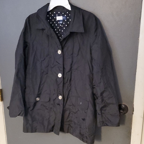 jones wear studio Jackets & Blazers - Jones Wear Studio Black Trench Coat with Polka Dot Lining Size L